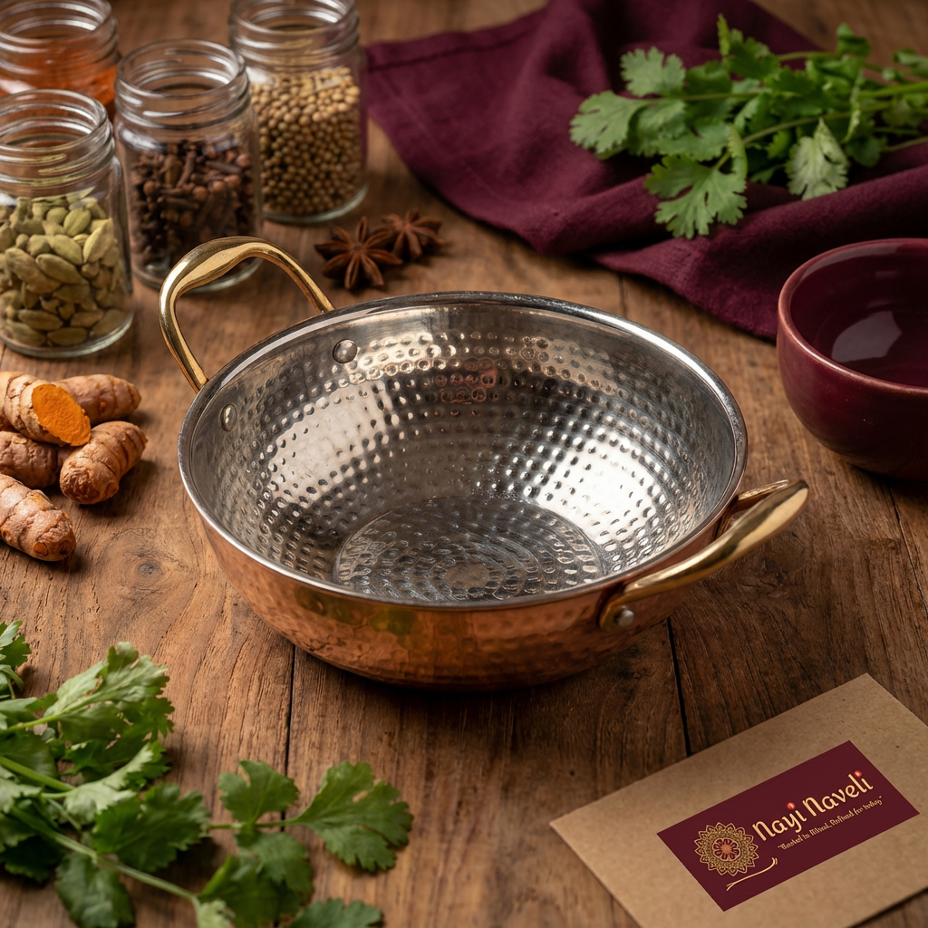 Nayi Naveli Premium Hammered Copper Kadhai with Lid (Tin Lined)