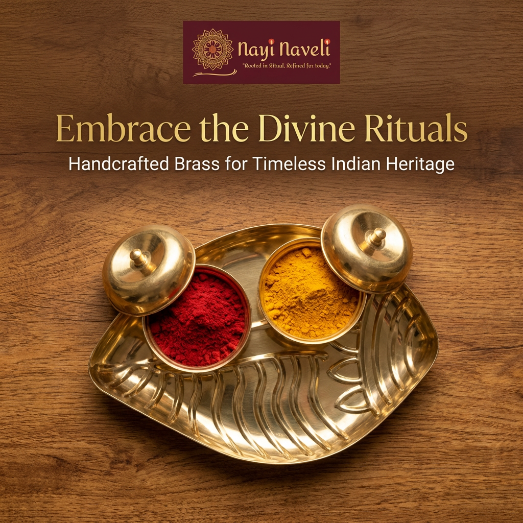 Premium Brass Kumkum Haldi Container (Double Bowl with Plate) – Traditional Pooja Essential | Made in India
