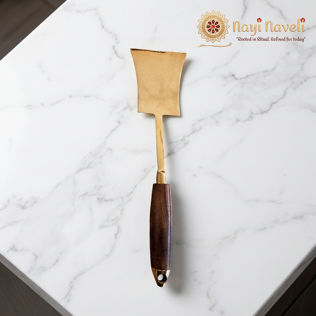 Premium Brass Kitchen Utensil Set with Wooden Handles | Handmade Brass Cooking Tools | Ladle (Kadchi) | Rice Spoon | Skimmer (Jhara) | Spatula (Palta) | Made in India