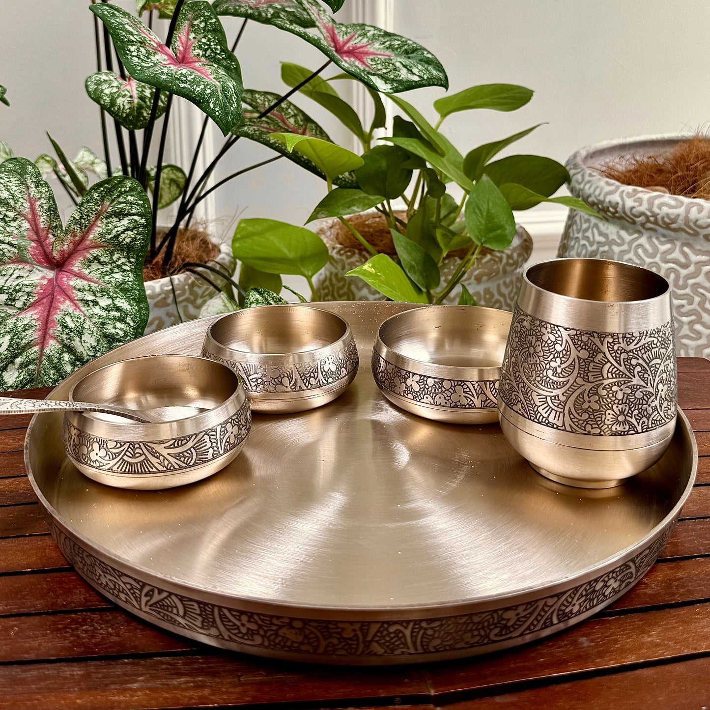 Handcrafted Bronze Thali Set with Intricate Engravings