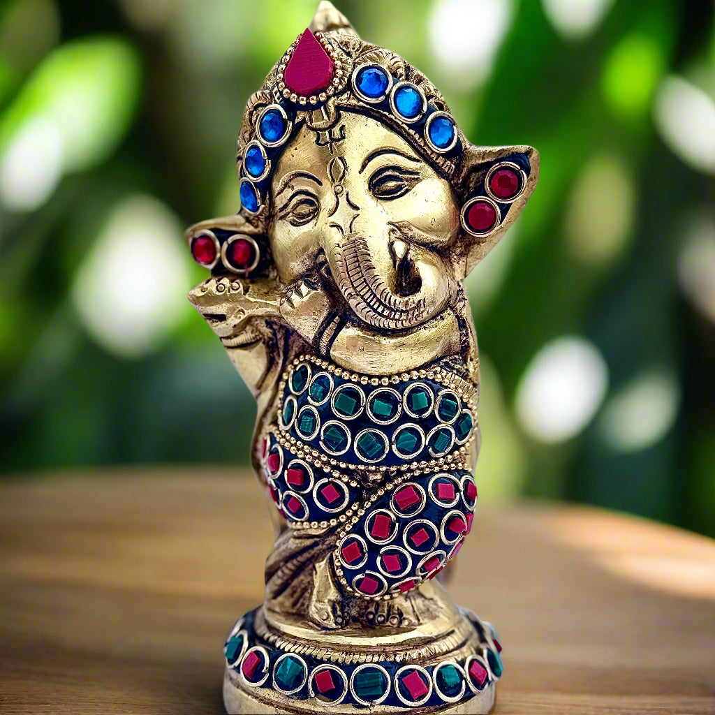 Premium Brass Baby Ganesha Idol with Handcrafted Stone Inlay | 5.5" | 875g | Made in India