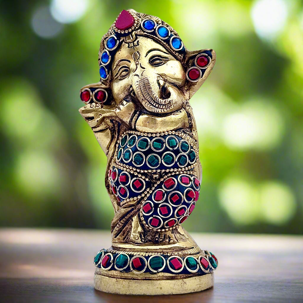 Premium Brass Baby Ganesha Idol with Handcrafted Stone Inlay | 5.5" | 875g | Made in India