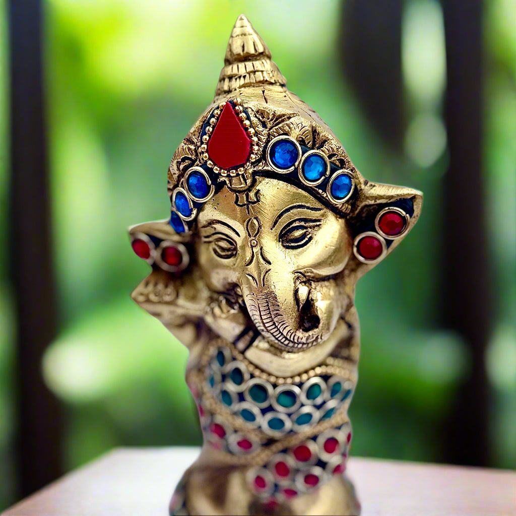 Premium Brass Baby Ganesha Idol with Handcrafted Stone Inlay | 5.5" | 875g | Made in India