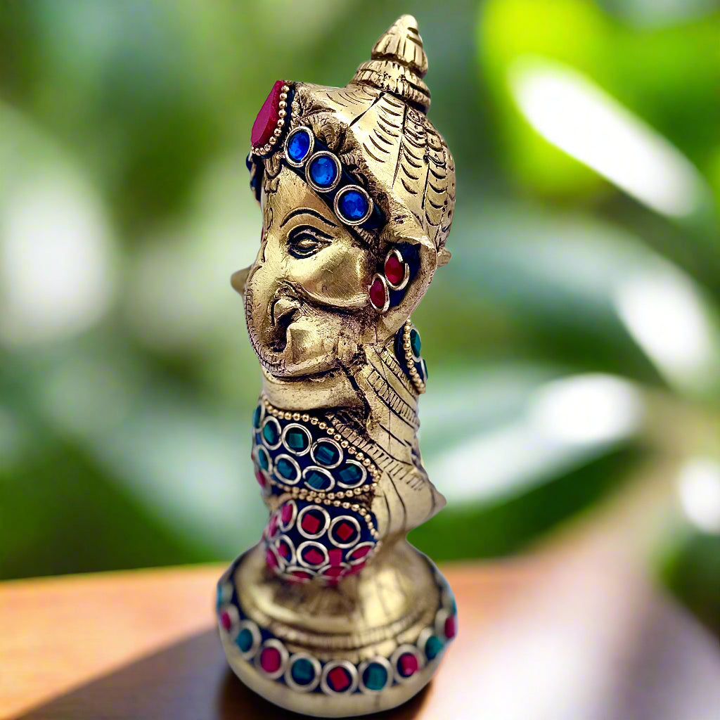 Premium Brass Baby Ganesha Idol with Handcrafted Stone Inlay | 5.5" | 875g | Made in India