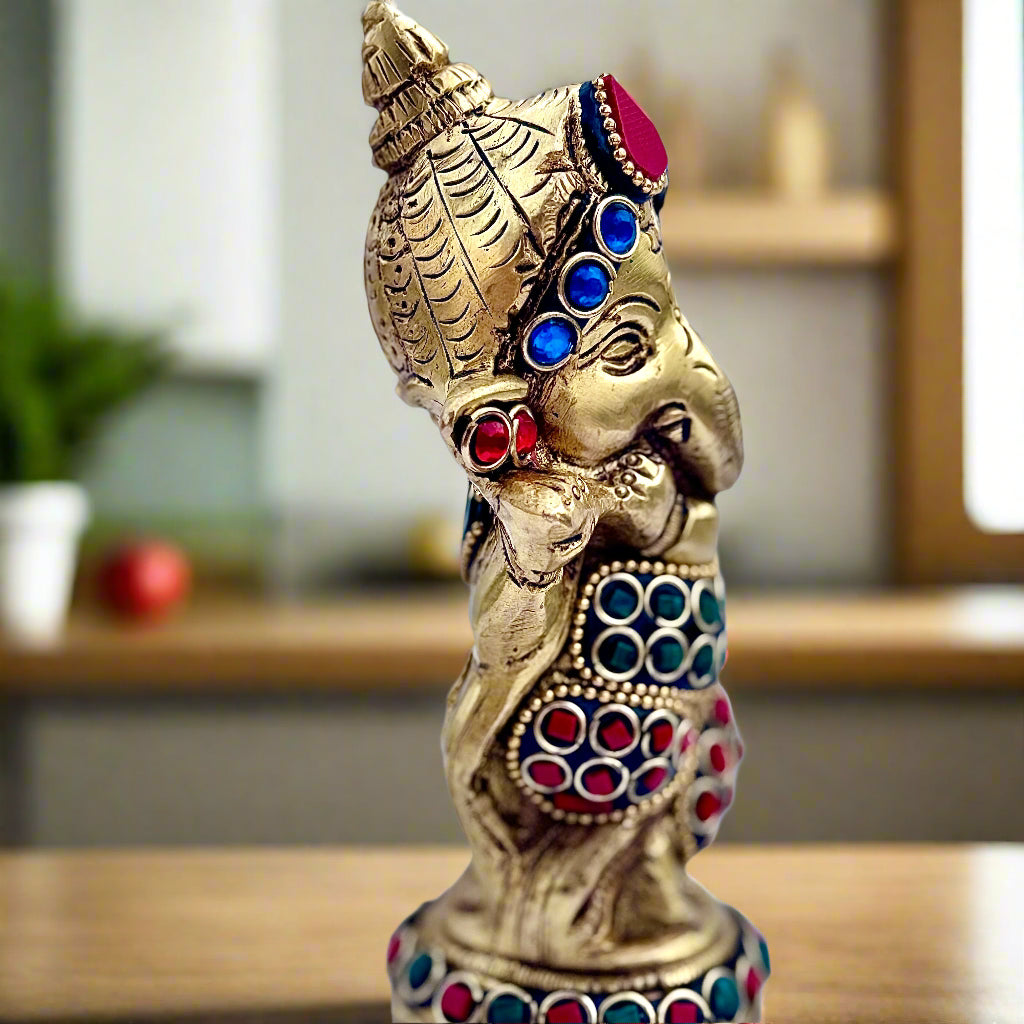 Premium Brass Baby Ganesha Idol with Handcrafted Stone Inlay | 5.5" | 875g | Made in India