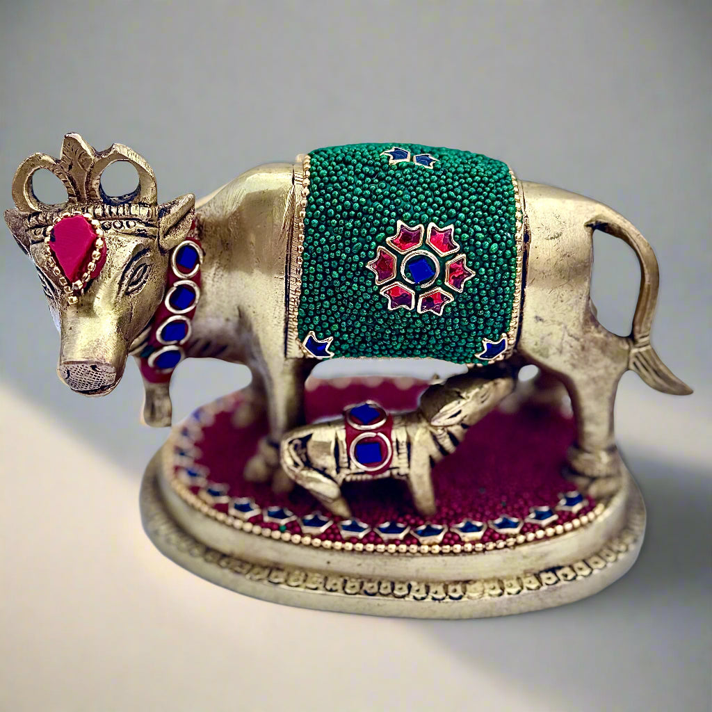 Premium Brass Kamadhenu Cow & Calf Idol | Handcrafted Decor | Traditional Indian Gift
