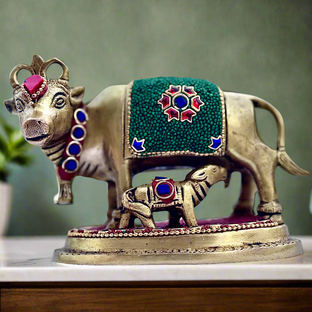 Premium Brass Kamadhenu Cow & Calf Idol | Handcrafted Decor | Traditional Indian Gift
