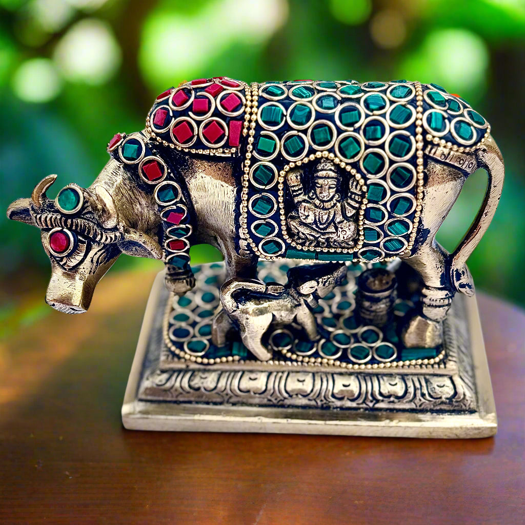 Sacred Kamdhenu Cow with Calf | Antique Brass Idol with Stone Work | Divine Home Decor & Pooja Room Accent | Gift