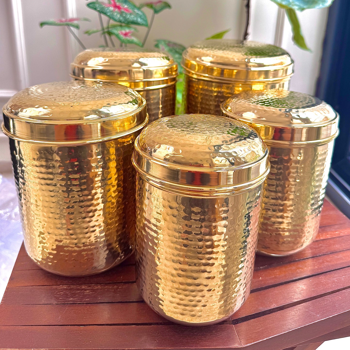 Premium Hand-Hammered Brass Container – 5 Pieces (800g to 2kg Capacity)