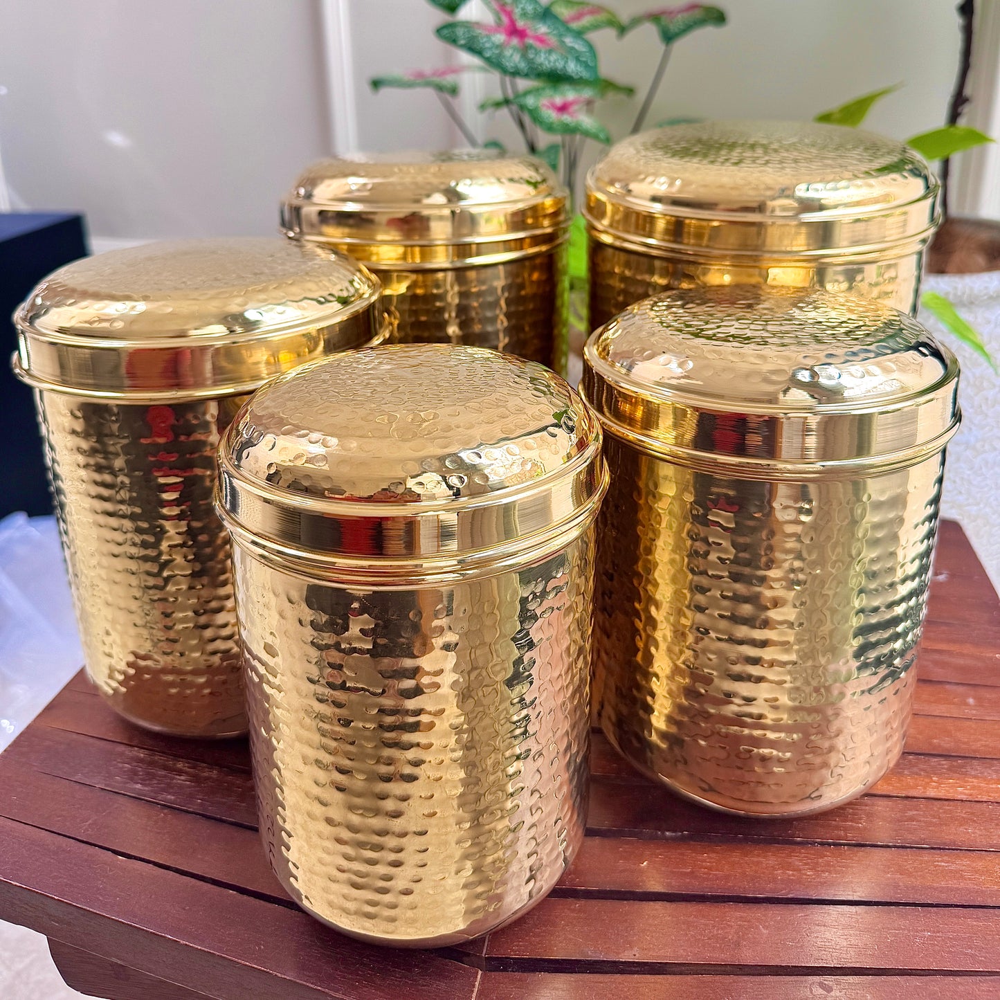 Premium Hand-Hammered Brass Container – 5 Pieces (800g to 2kg Capacity)