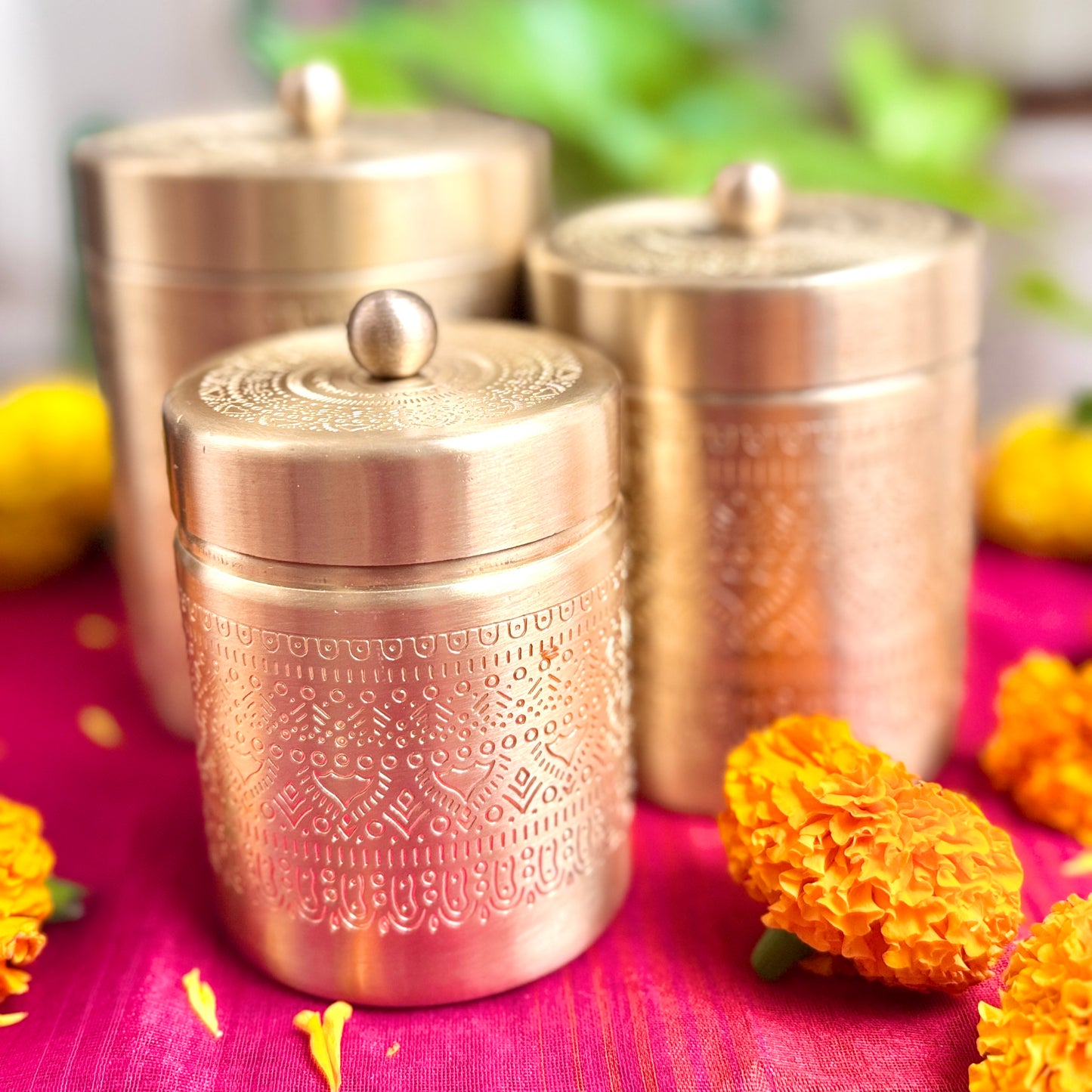 Premium Brass Storage Containers (Set of 3) | Mandala Engraved | Made in India