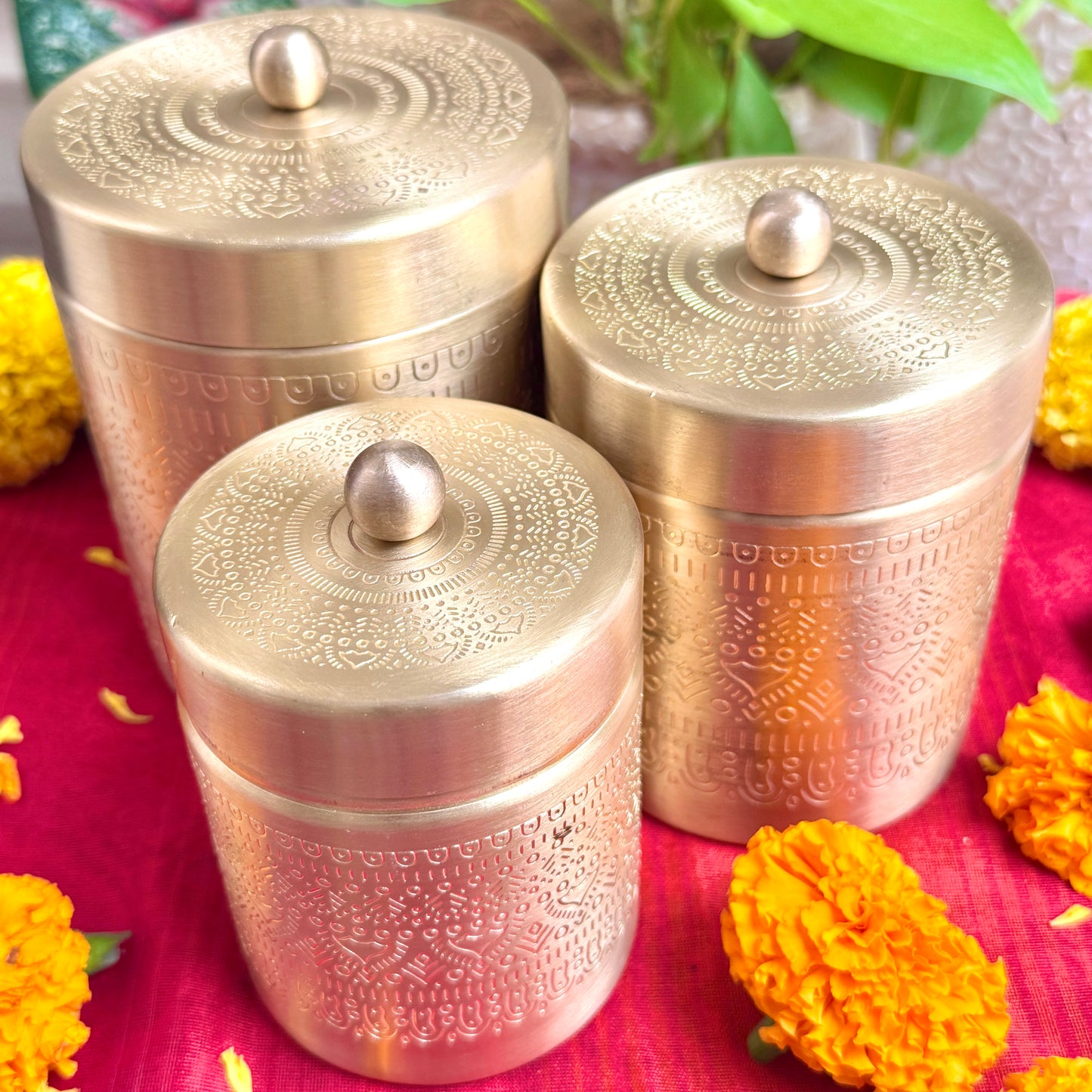 Premium Brass Storage Containers (Set of 3) | Mandala Engraved | Made in India