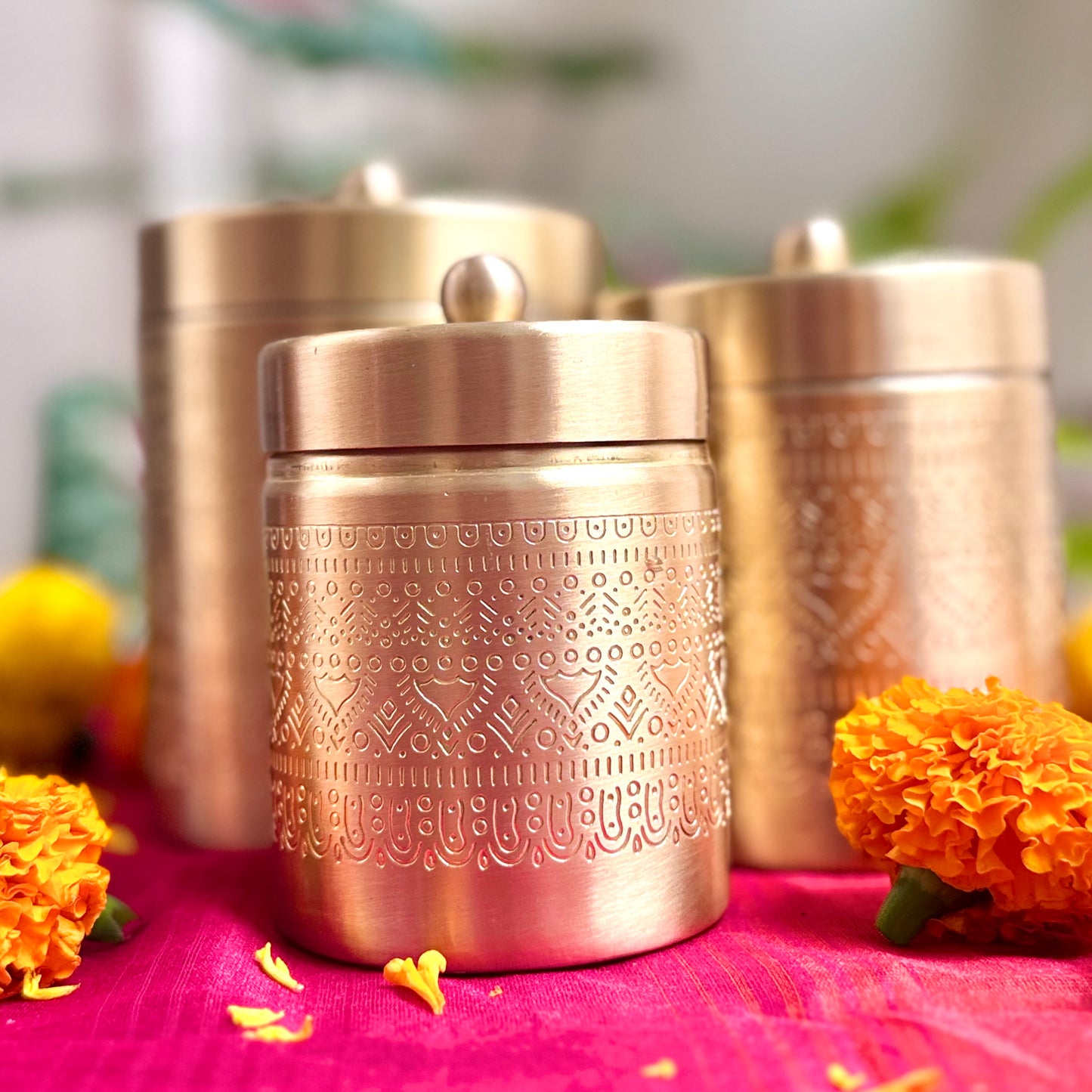 Premium Brass Storage Containers (Set of 3) | Mandala Engraved | Made in India
