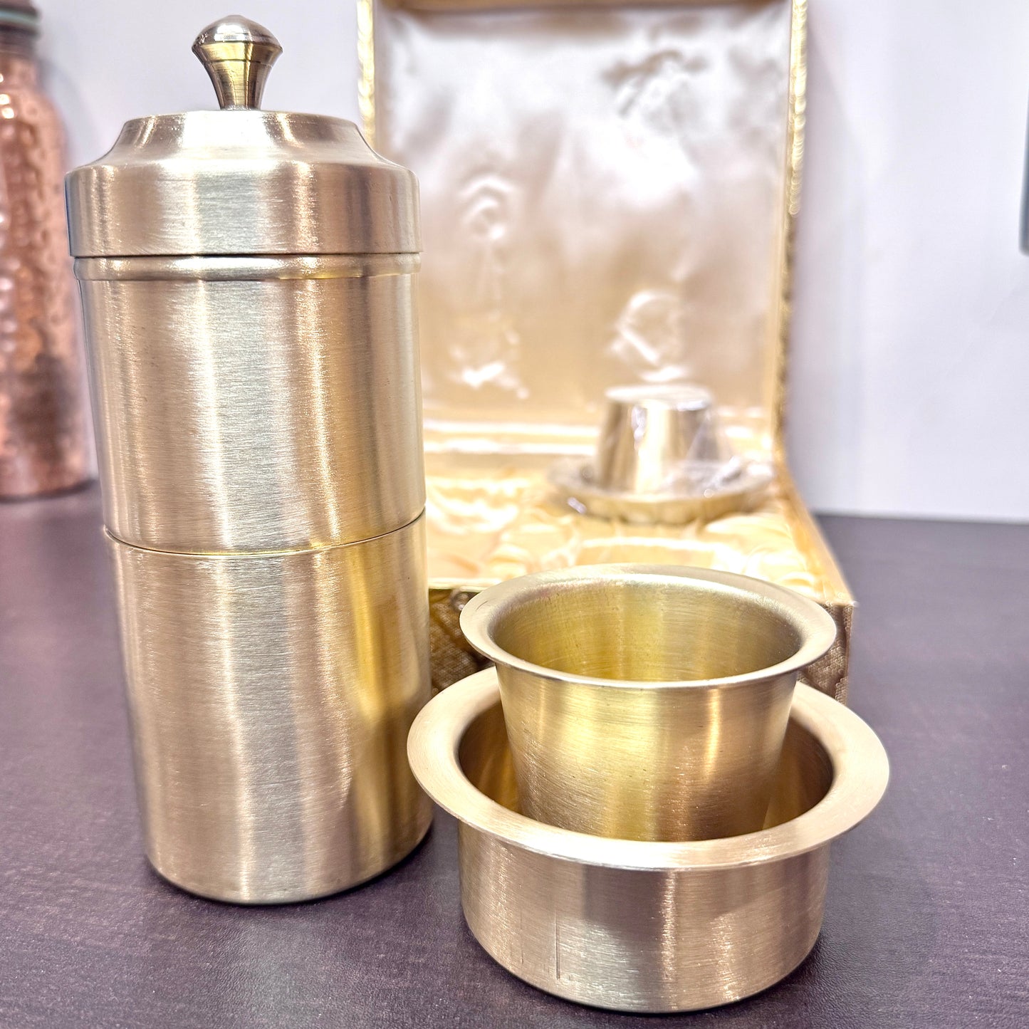 Premium Pure Brass South Indian Coffee Filter & Dabara Set – Golden Gift Box Edition