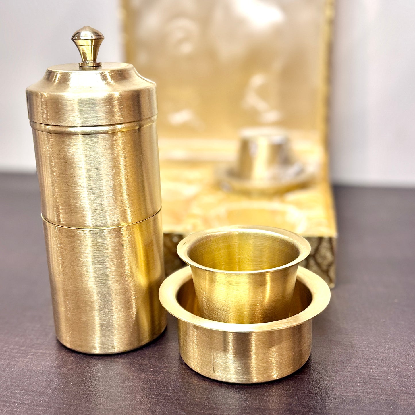 Premium Pure Brass South Indian Coffee Filter & Dabara Set – Golden Gift Box Edition