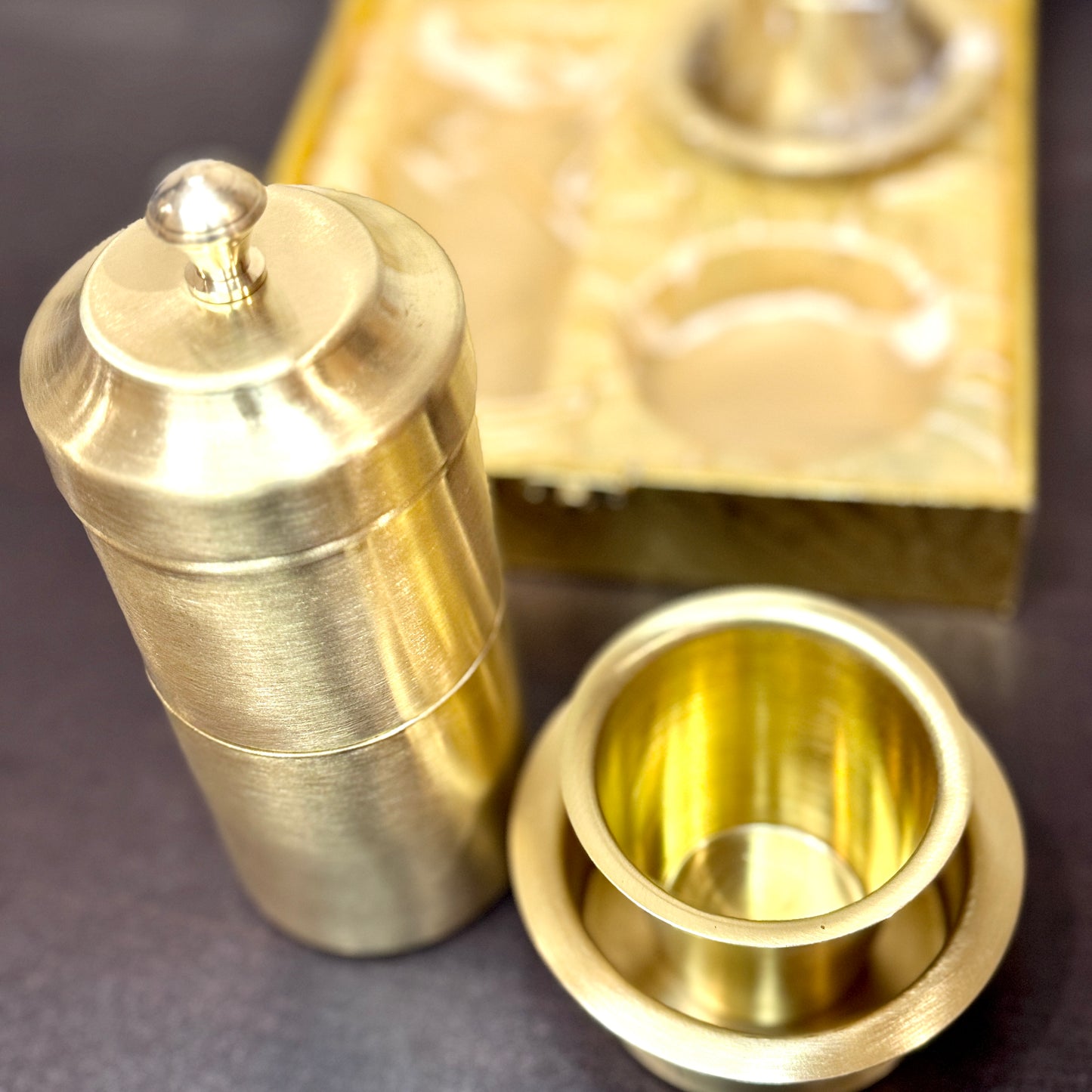 Premium Pure Brass South Indian Coffee Filter & Dabara Set – Golden Gift Box Edition
