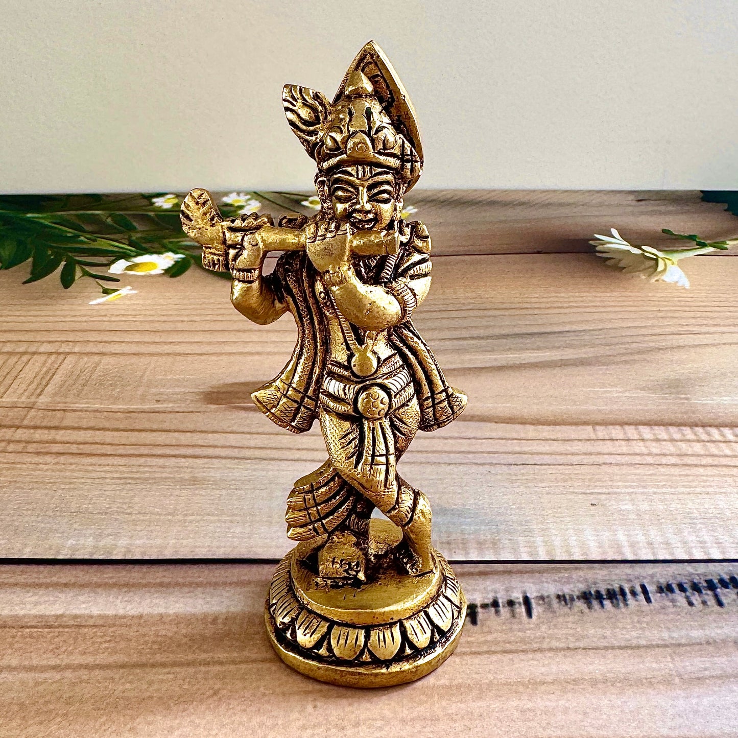 Brass Krishna Murti – 11cm Tall, 300g | Devotional Idol for Puja & Home Décor