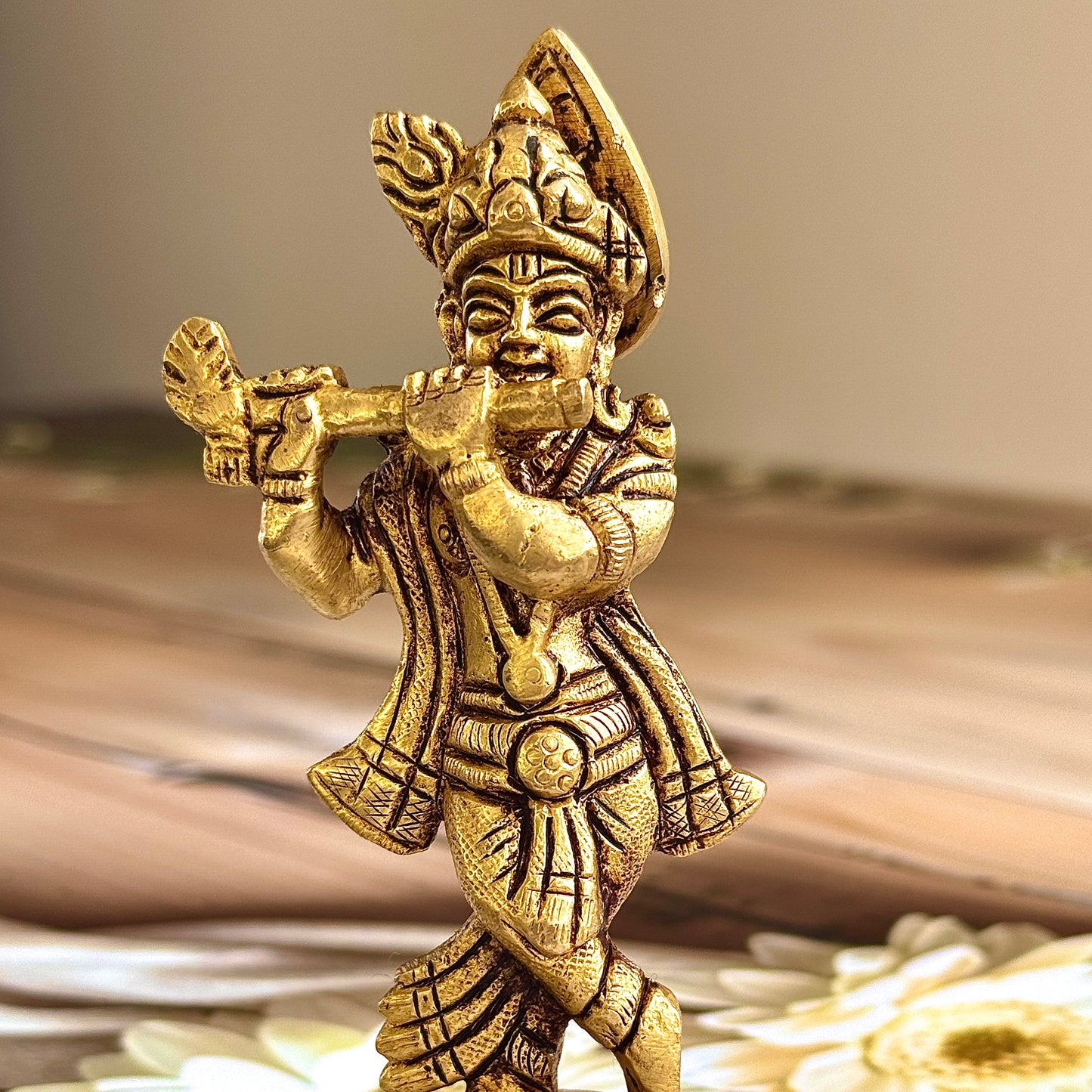 Brass Krishna Murti – 11cm Tall, 300g | Devotional Idol for Puja & Home Décor