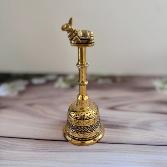 Premium Brass Puja Bell with Beautiful Engraved Design and Nandi on Top