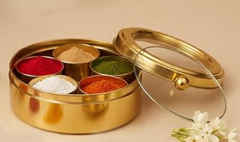 Nayi Naveli Handcrafted Brass Mini Masala Box 4 Inch | 5-Compartment Spice Storage Containers