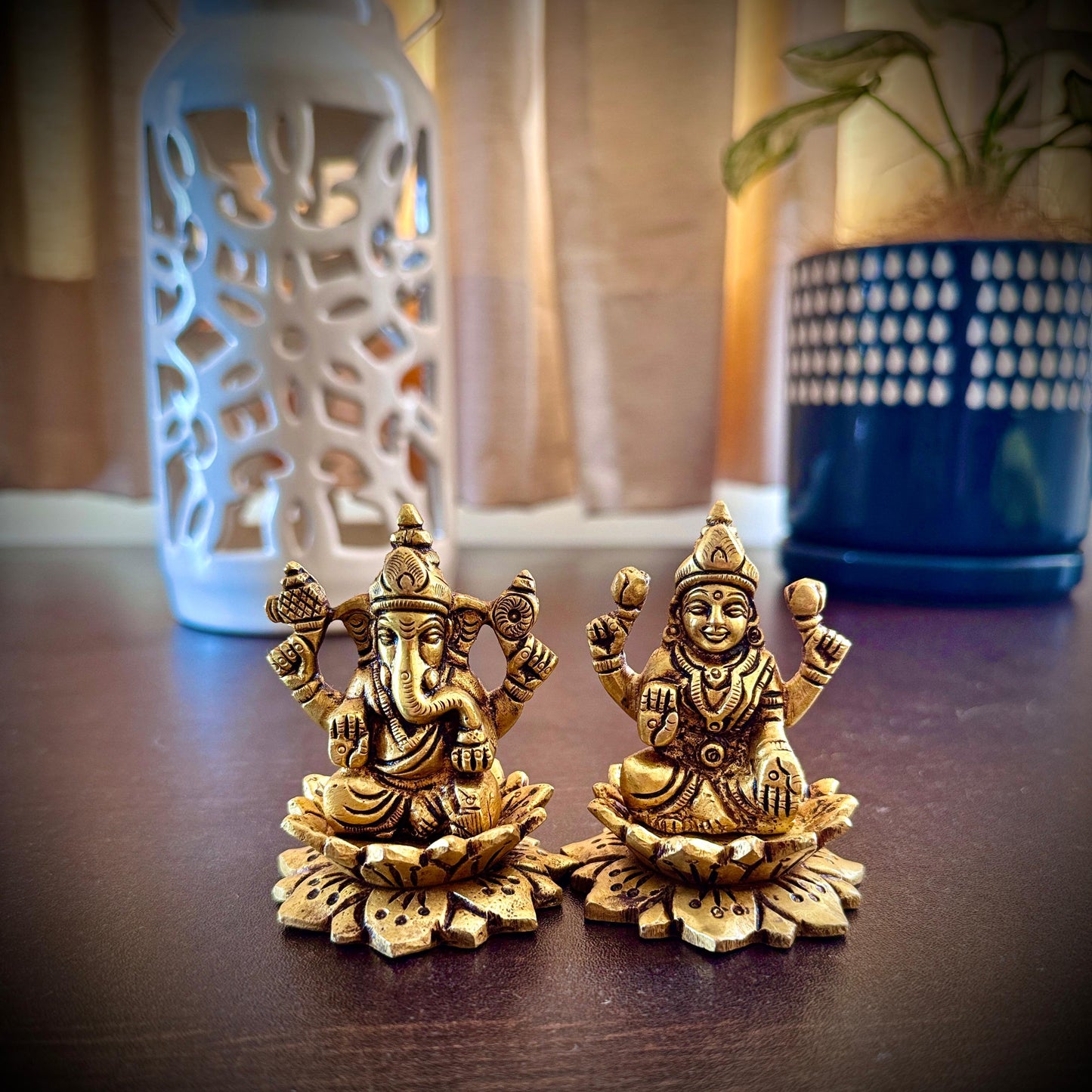 Pure Brass Ganesha and Lakshmi Idol Set