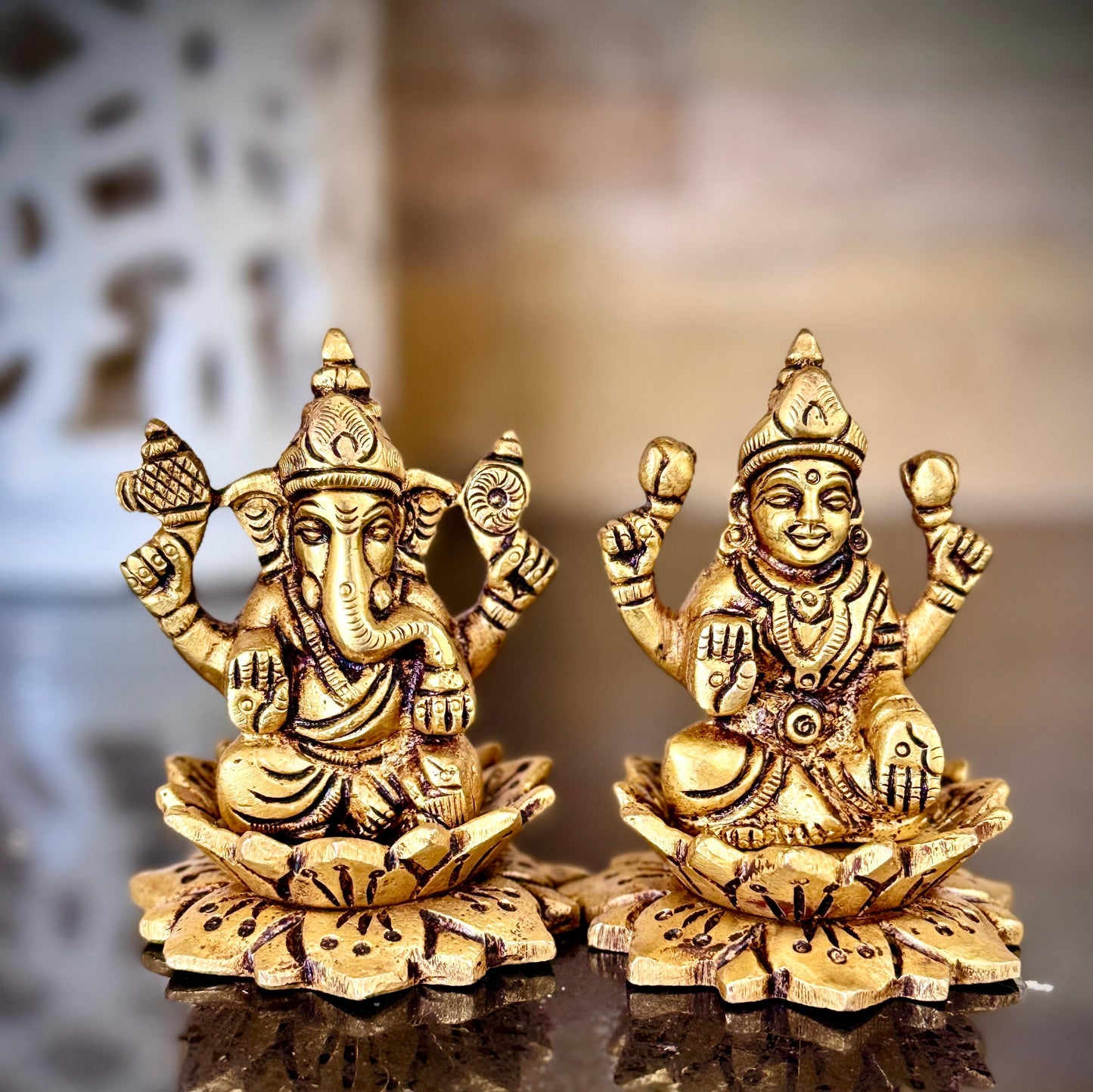 Pure Brass Ganesha and Lakshmi Idol Set