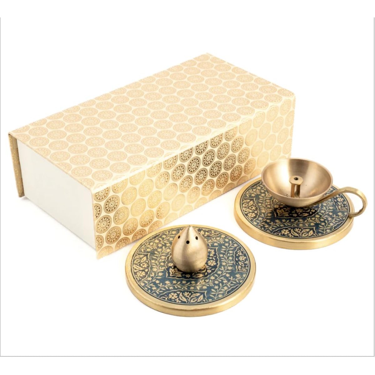 Aarunya Brass Diya, Incense Holder & Container Gift Set