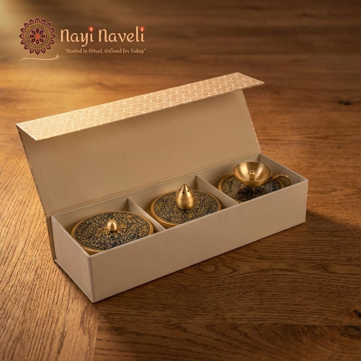 Aarunya Brass Diya, Incense Holder & Container Gift Set, photo 6