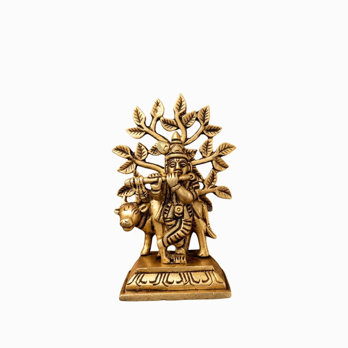 Brass Krishna Idol with Cow and Tree