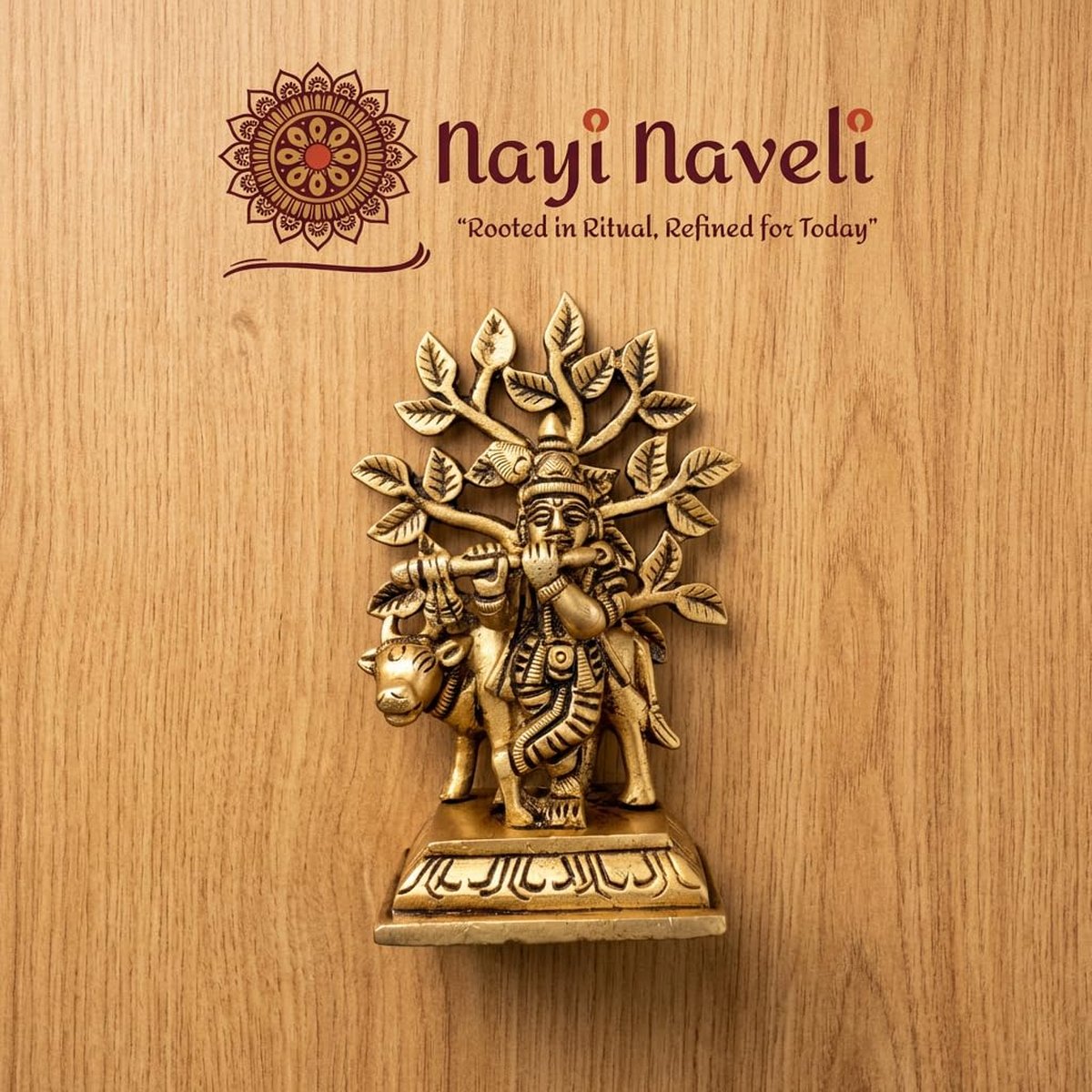 Brass Krishna Idol with Cow and Tree, photo 2