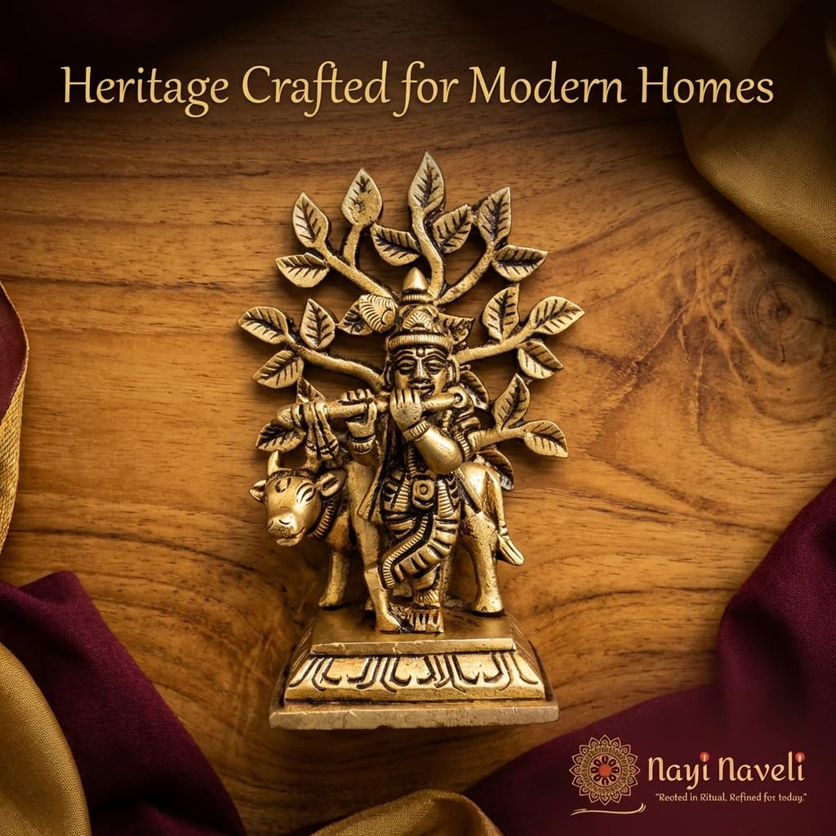 Brass Krishna Idol with Cow and Tree, photo 3