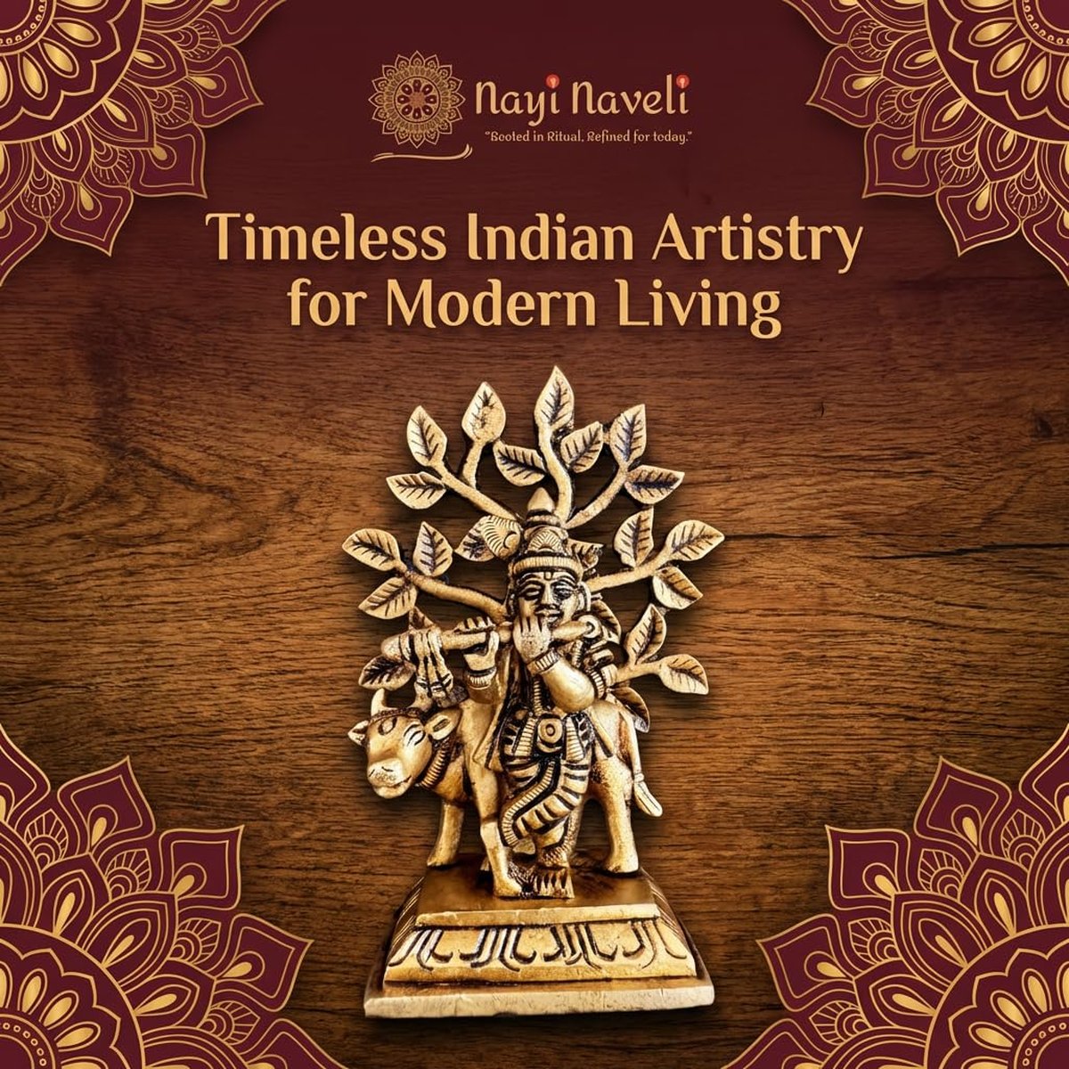 Brass Krishna Idol with Cow and Tree, photo 4