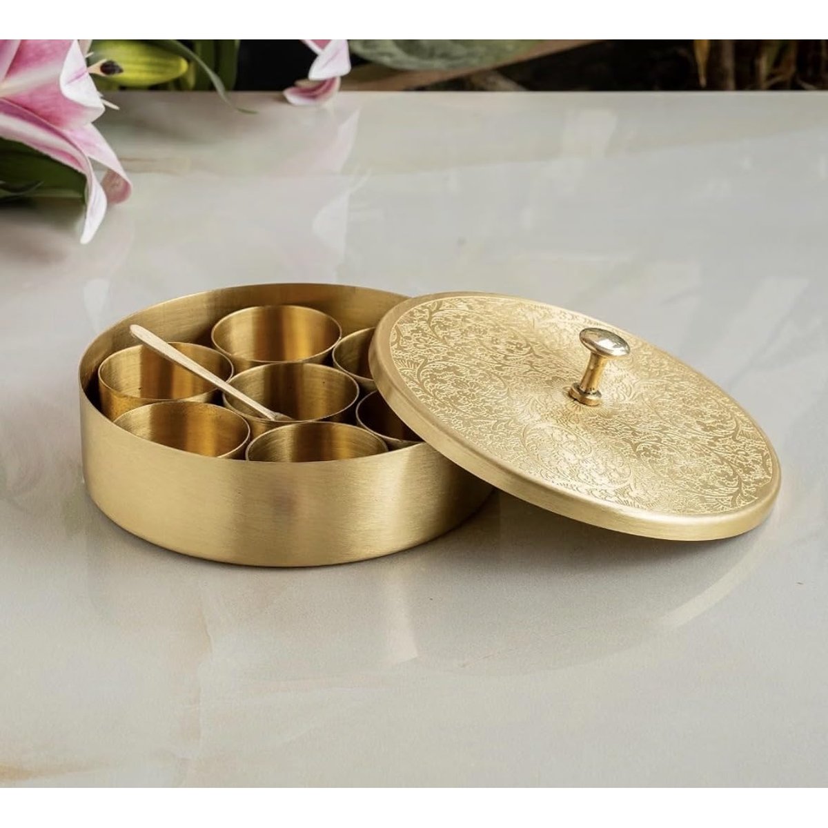 Brass Masala Box with Embossed Lid (5 Inch), photo 4