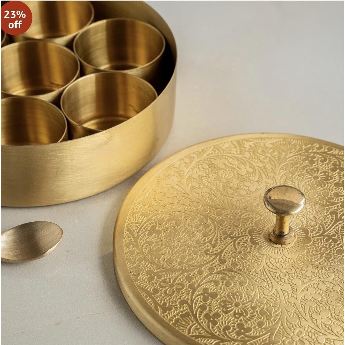 Brass Masala Box with Embossed Lid (5 Inch), photo 5