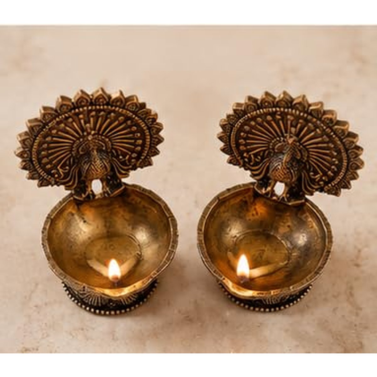 Brass Peacock Diya (Set of 2)