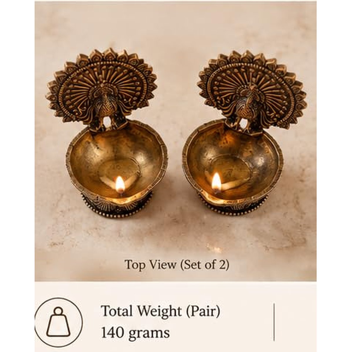 Brass Peacock Diya (Set of 2), photo 3