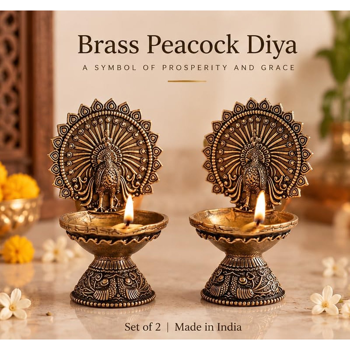 Brass Peacock Diya (Set of 2), photo 4