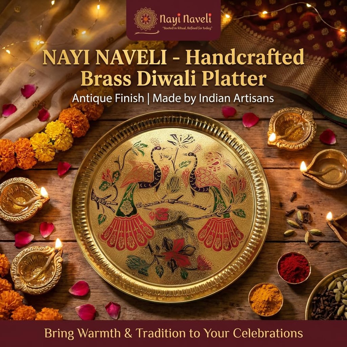Brass Pooja Thali, Peacock Design, photo 4