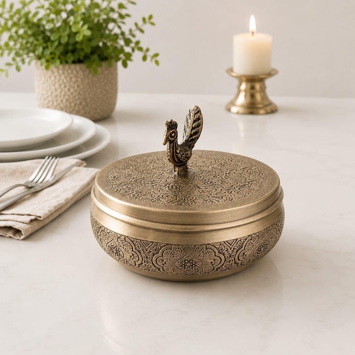 Brass Roti Box with Peacock Lid