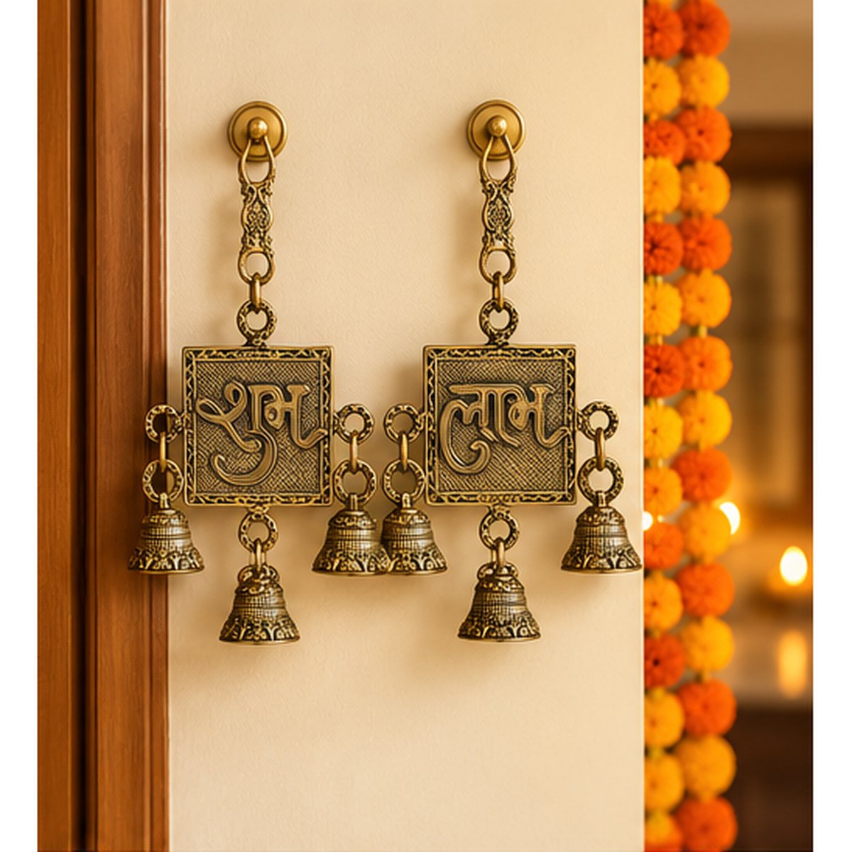 Brass Shubh Labh Wall Hanging with Bells (Set of 2), photo 3