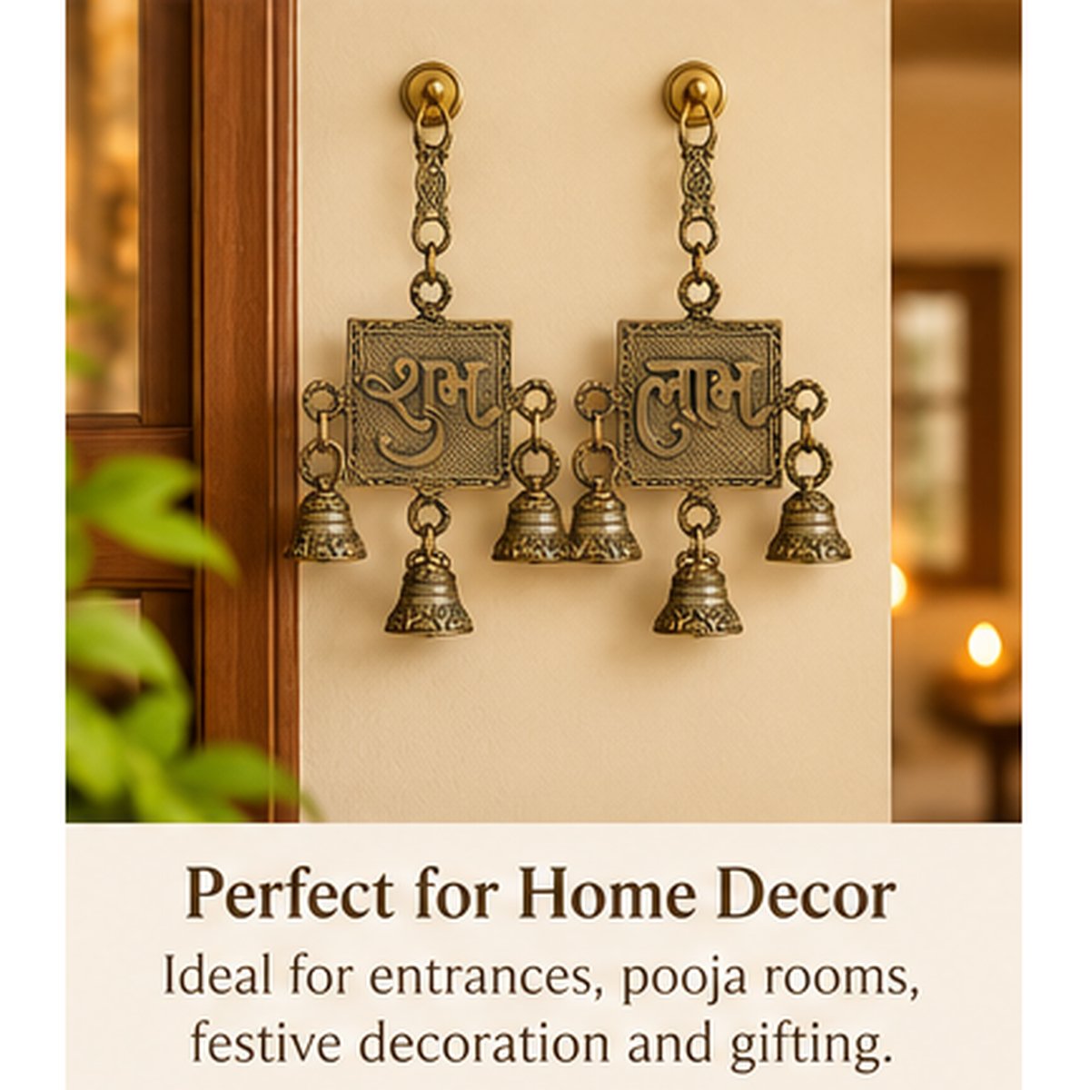 Brass Shubh Labh Wall Hanging with Bells (Set of 2), photo 5
