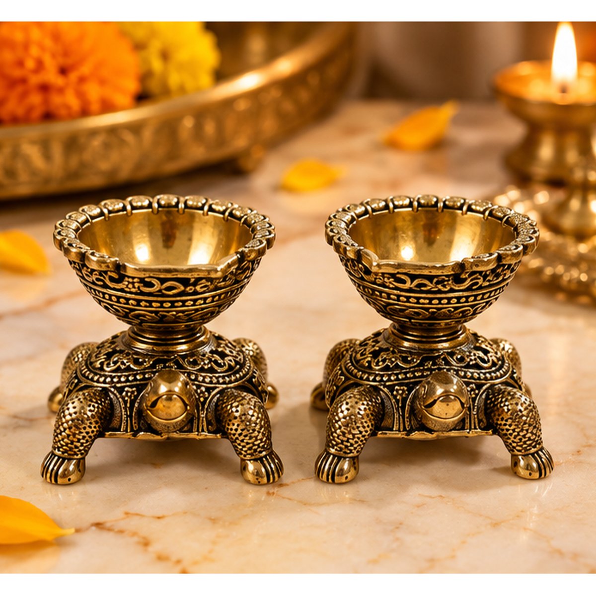 Fine Brass Tortoise Diya (Set of 2)