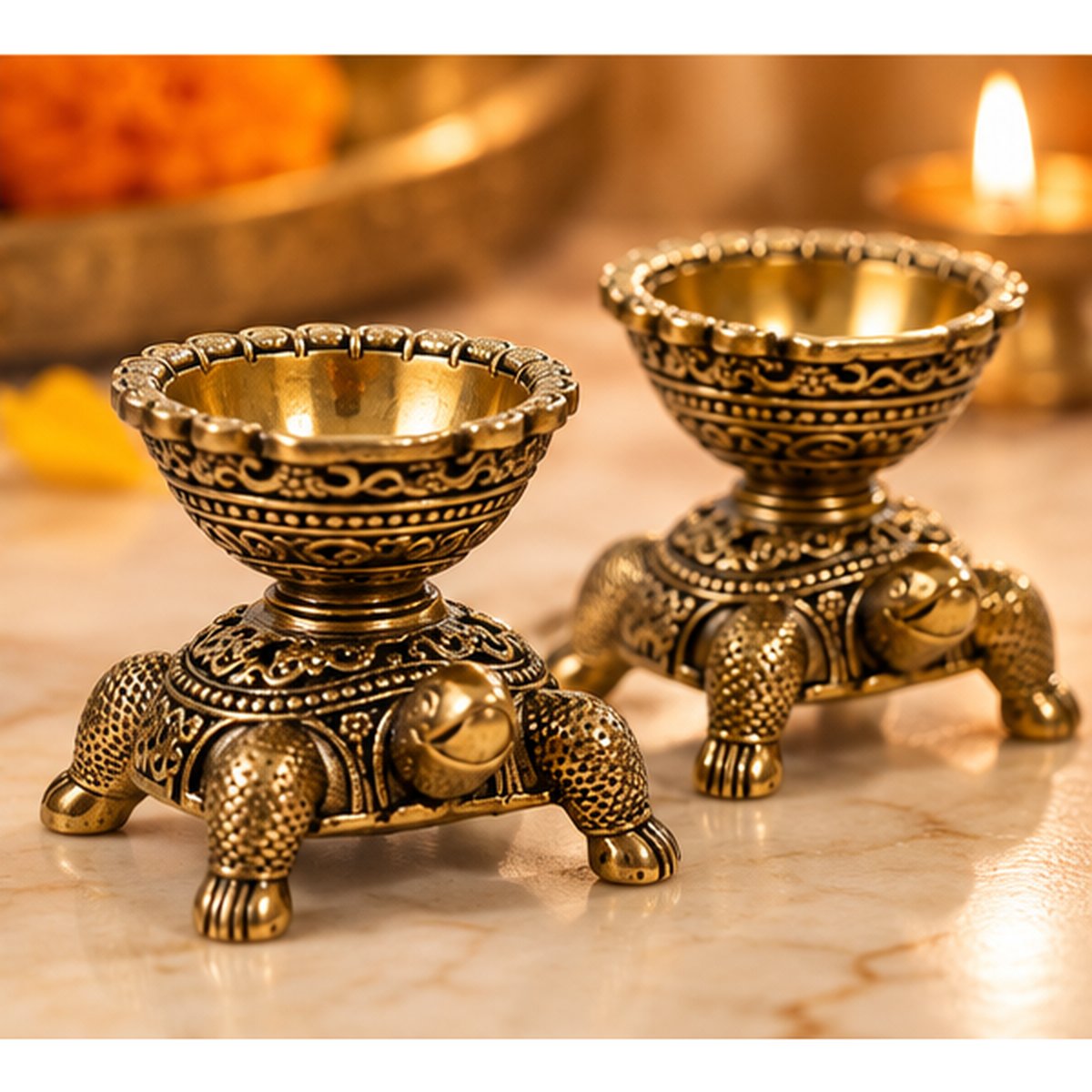 Fine Brass Tortoise Diya (Set of 2), photo 2