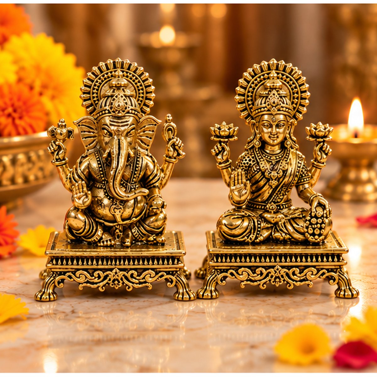 Fine Brass Lakshmi & Ganesha Idol on Asana
