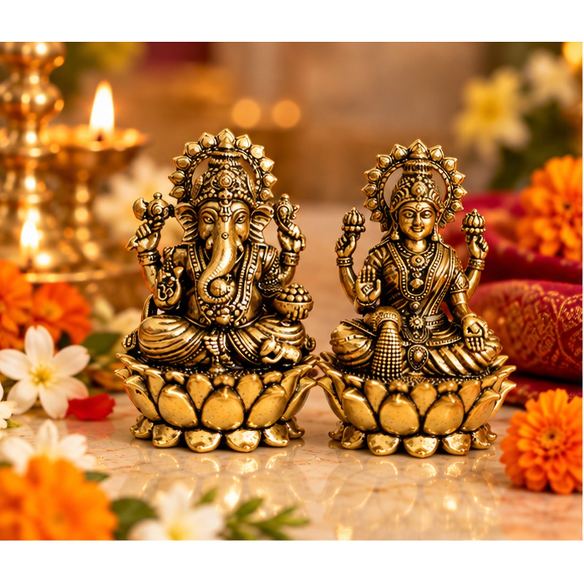 Fine Brass Lakshmi & Ganesha Idol on Lotus
