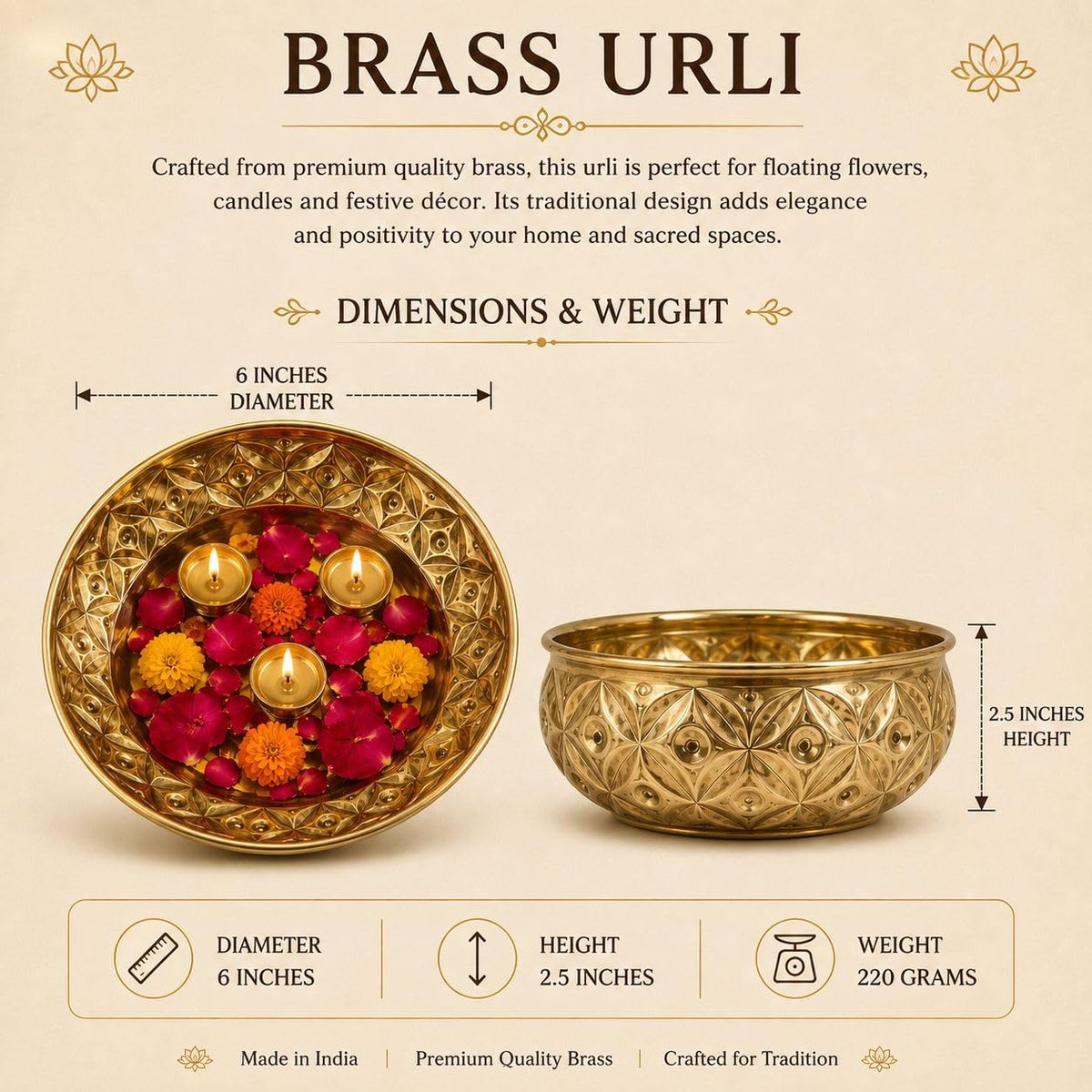 Floral Engraved Brass Urli, photo 5