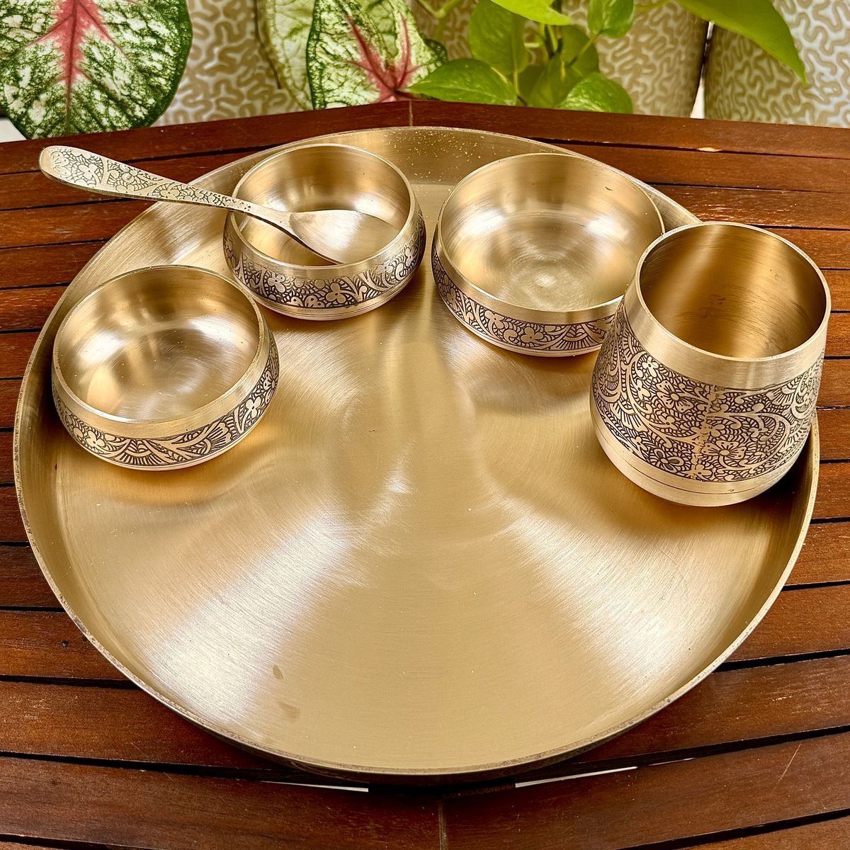 Handcrafted Bronze Thali Set with Intricate Engravings