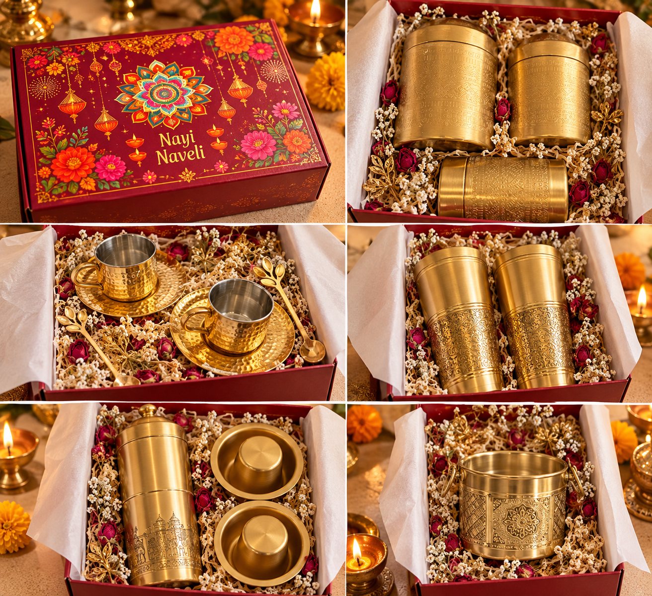 Nayi Naveli Diwali gift boxes: brass storage jars, tea cup and saucer set, lassi glasses, coffee filter and dabara set, and padam pyala