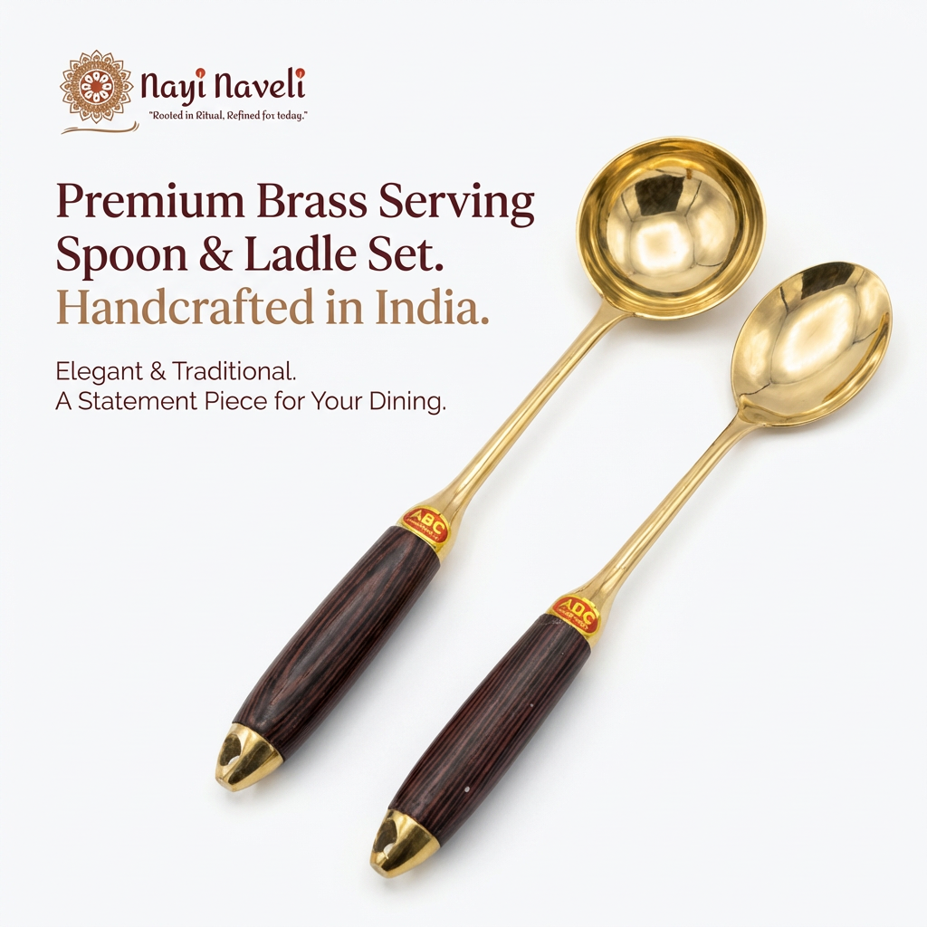 Premium Brass Serving Cooking Spoon and Ladle Set Wooden Handle – 13 Inch | Made in India