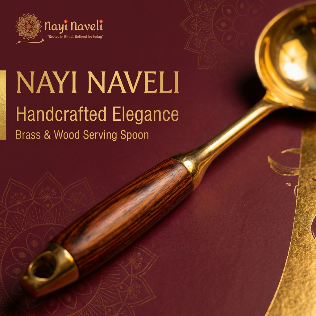 Premium Brass Serving Cooking Spoon and Ladle Set Wooden Handle – 13 Inch | Made in India